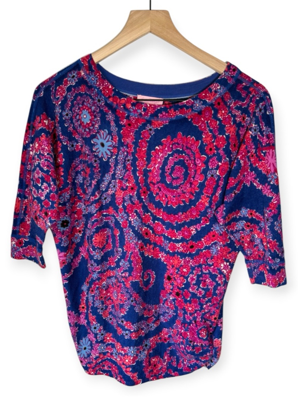 Lilly Pulitzer Camille Sweater Top Merino Wool Size Small Ruched Pink Blue Swirl